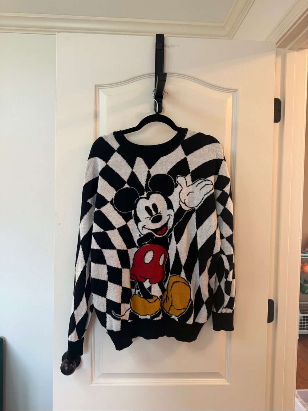Mickey Mouse Black & White Checkerboard Crewneck Sweater Size Large